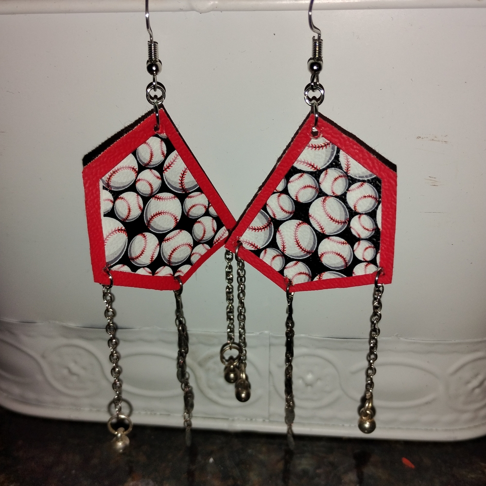 Baseball Patterned Dangle Earrings with Red Accents